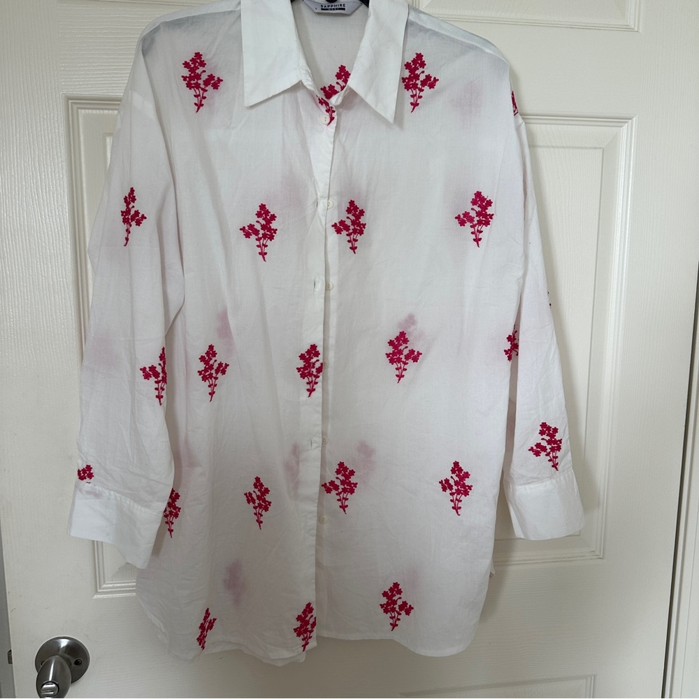 Elegant White and Pink Embroidered Women's Button Down Shirt